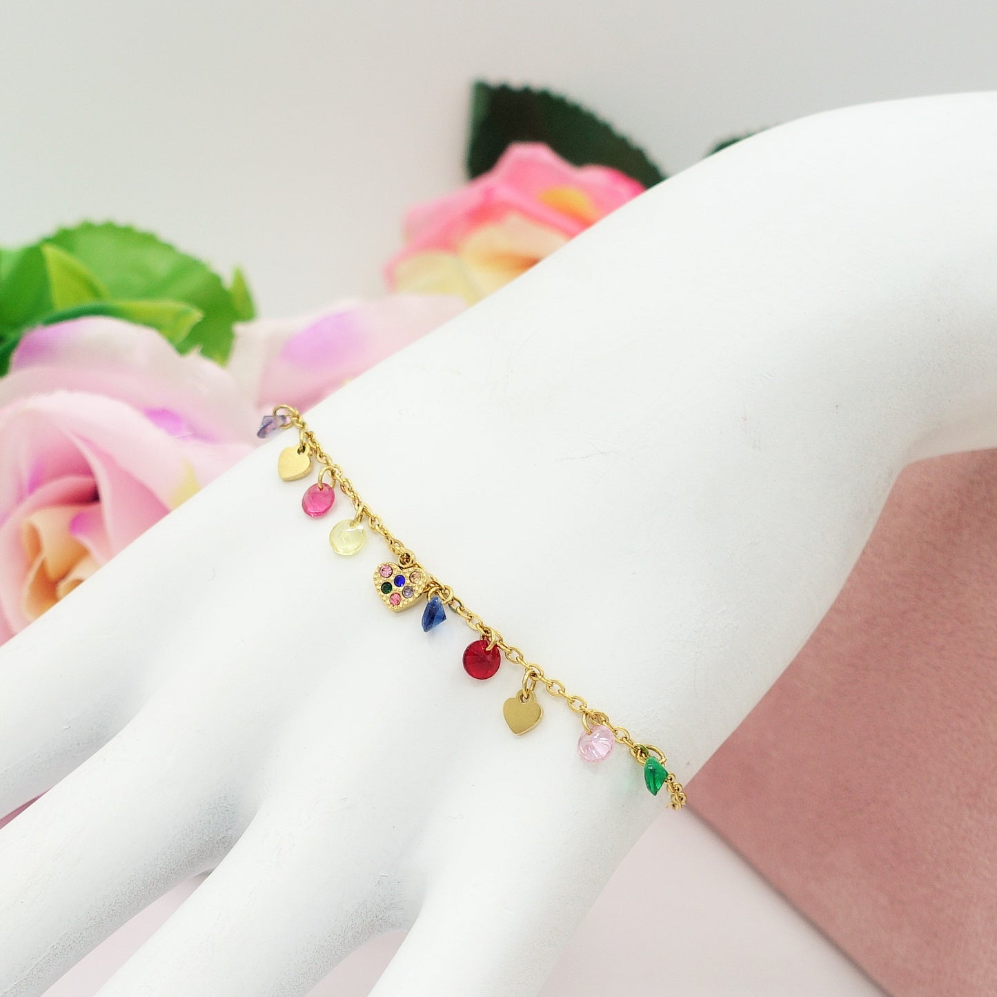 MEGAN ~ ACCIAIO INOSSIDABILE ~ Bracciale con ciondoli cristalli e cuoricino cubic zirconia