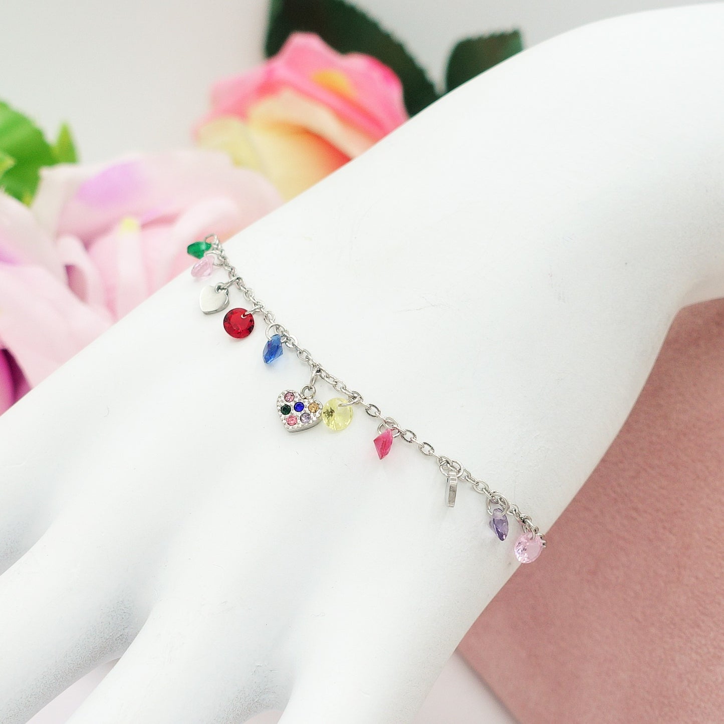 MEGAN ~ ACCIAIO INOSSIDABILE ~ Bracciale con ciondoli cristalli e cuoricino cubic zirconia