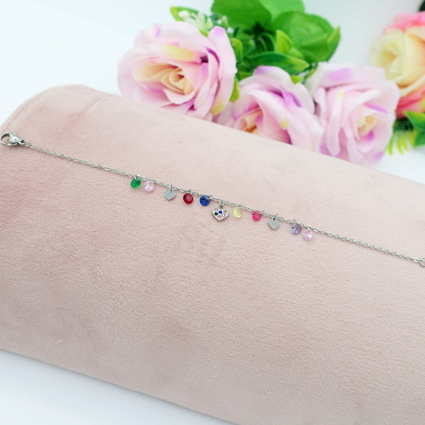 MEGAN ~ ACCIAIO INOSSIDABILE ~ Bracciale con ciondoli cristalli e cuoricino cubic zirconia