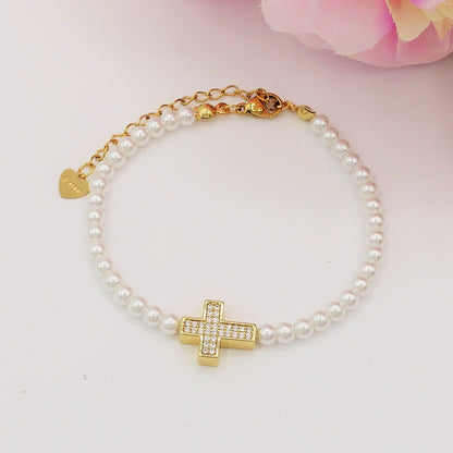 REBECCA CROSS - Bracciale perle con croce zirconata