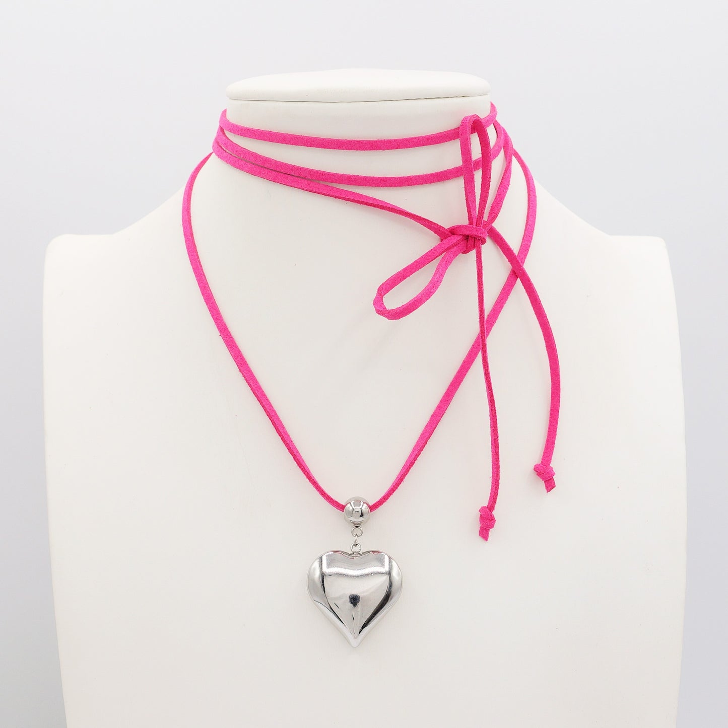 LOVE SUMMER - 12 Colori Collana cuore bombè ACCIAIO INOSSIDABILE con cordino camoscio