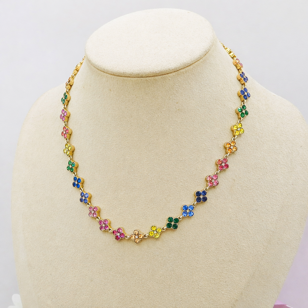 CASSIA~ACCIAIO INOSSIDABILE - Collana tennis quadrifogli RAINBOW con cubic zirconia