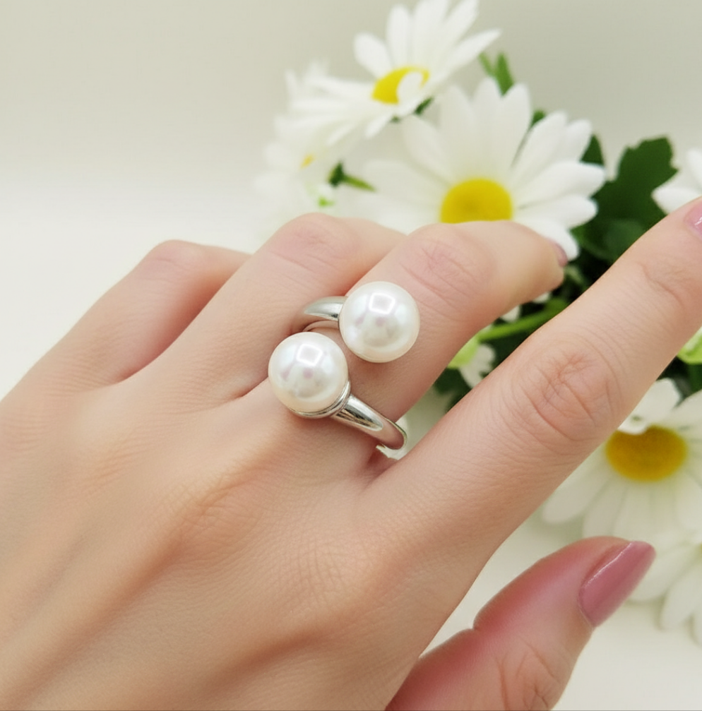 CLIO XL - Anello regolabile in ACCIAIO inossidabile con perle contrariè
