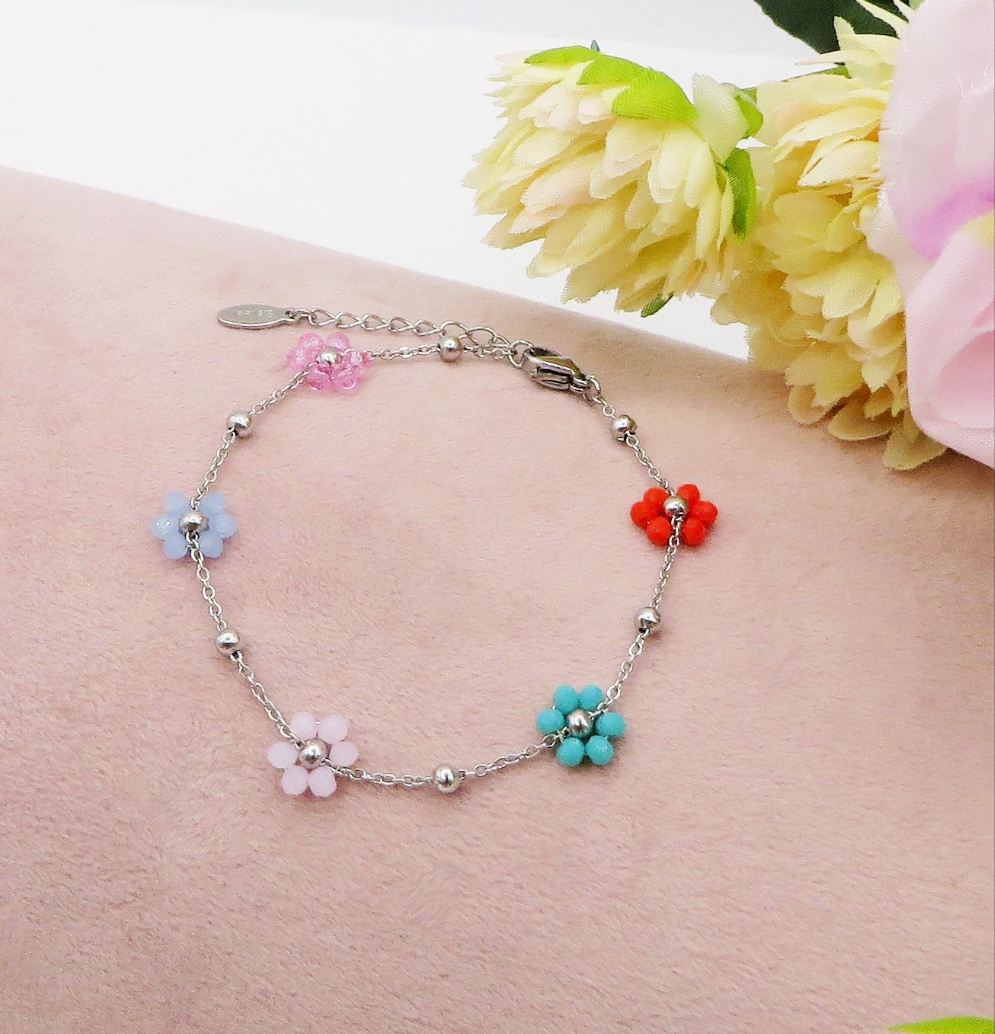 DAISY CAVIGLIERA ~ ACCIAIO INOSSIDABILE ~ Cavigliera con fiori e cristalli