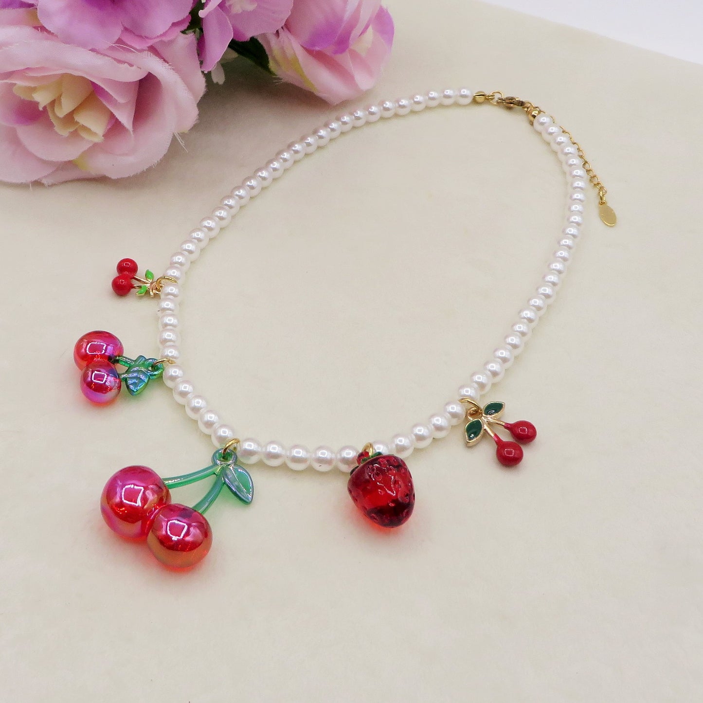 BIG CHERRIES - ACCIAIO inossidabile - Collana perle e charms ciliegie - mix zirconati