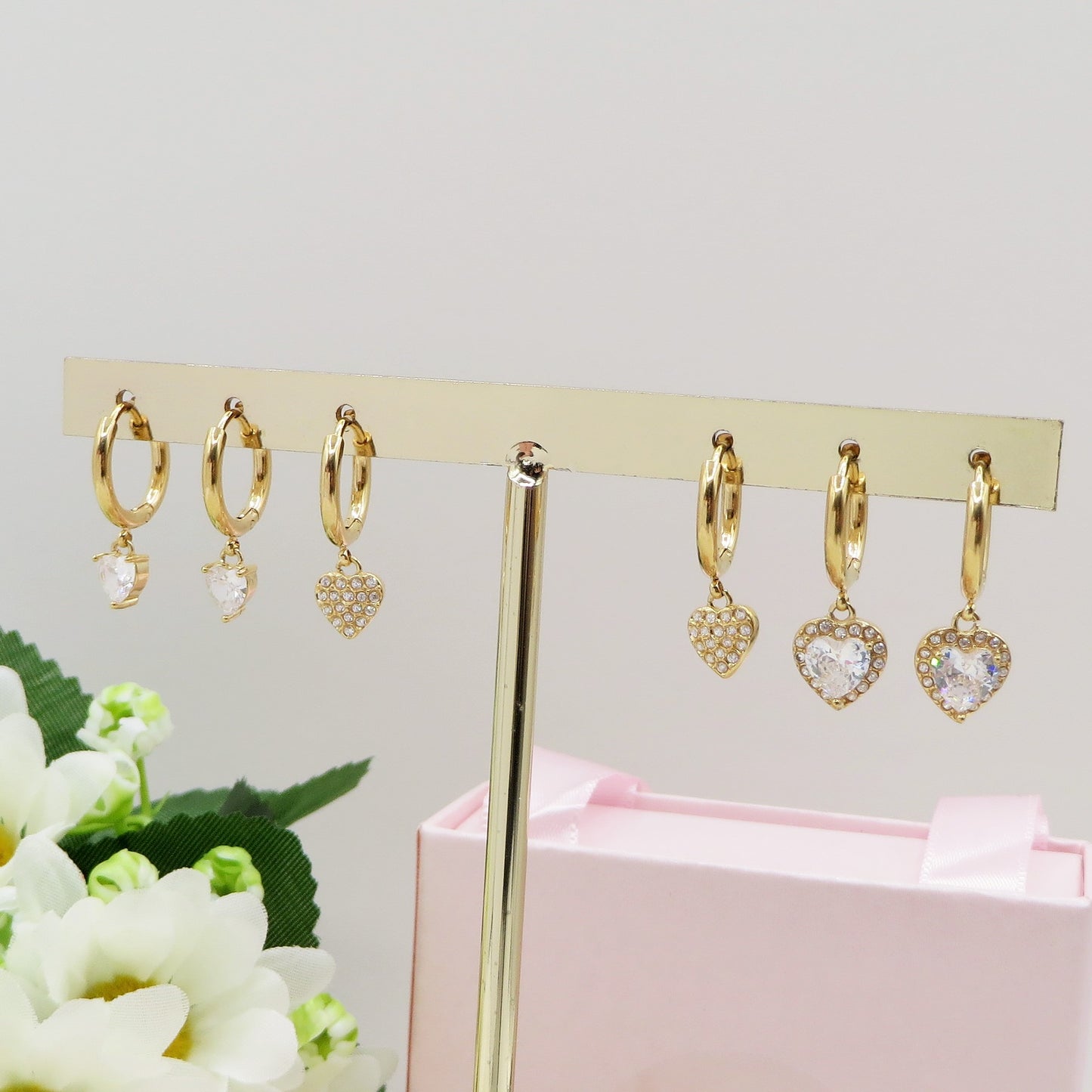 GEMMA Set 3 paia 6 orecchini - ACCIAIO INOSSIDABILE - 3 paia 6 Orecchini pendenti con cuori zirconati cubic zirconia