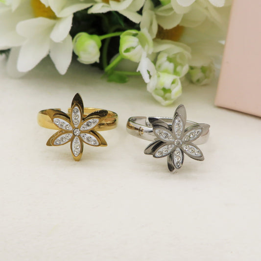 SPINNING LOTUS - Anello regolabile ANTISTRESS in ACCIAIO inossidabile con cubic zirconia a forma di fiore girevole