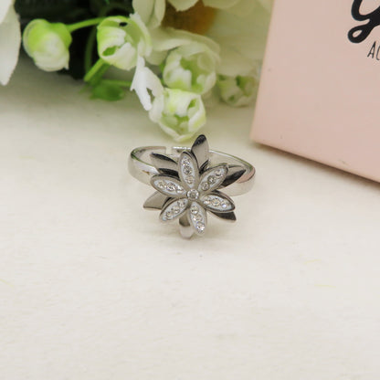 SPINNING LOTUS - Anello regolabile ANTISTRESS in ACCIAIO inossidabile con cubic zirconia a forma di fiore girevole