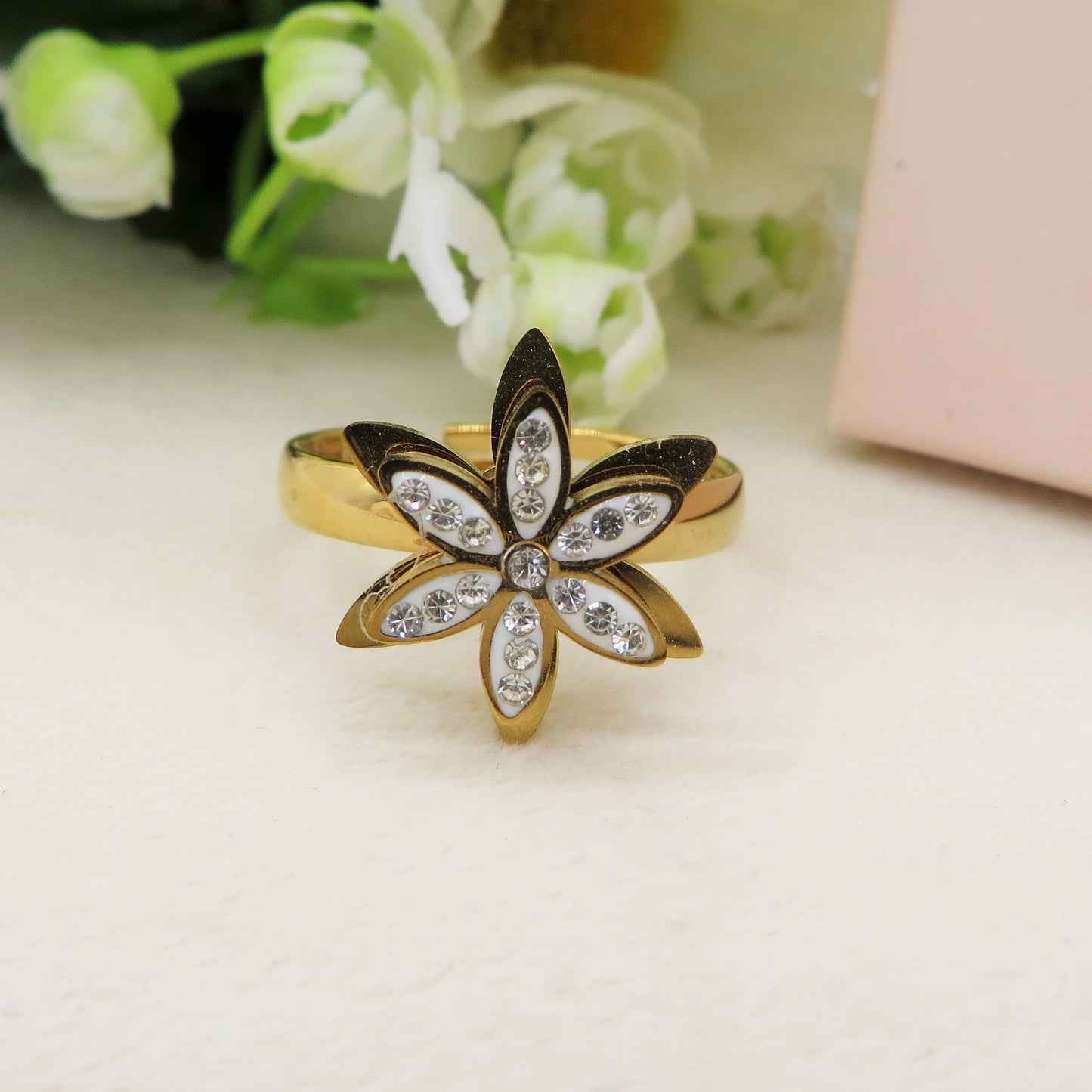 SPINNING LOTUS - Anello regolabile ANTISTRESS in ACCIAIO inossidabile con cubic zirconia a forma di fiore girevole