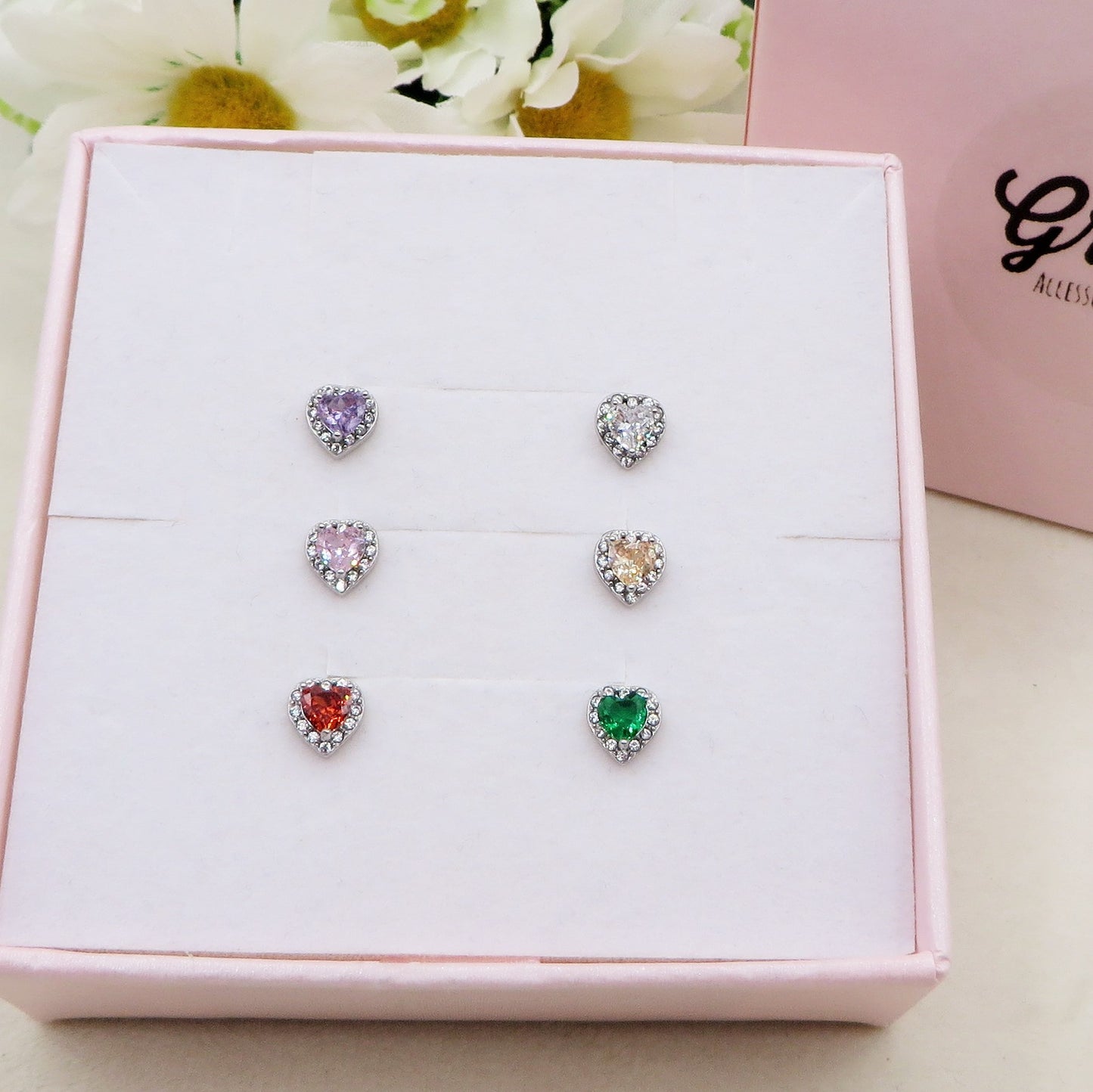GEMMA SET 6 ORECCHINI Lobo acciaio inossidabile ~ 6 PZ ~  Orecchini a lobo con zirconi a forma cuore
