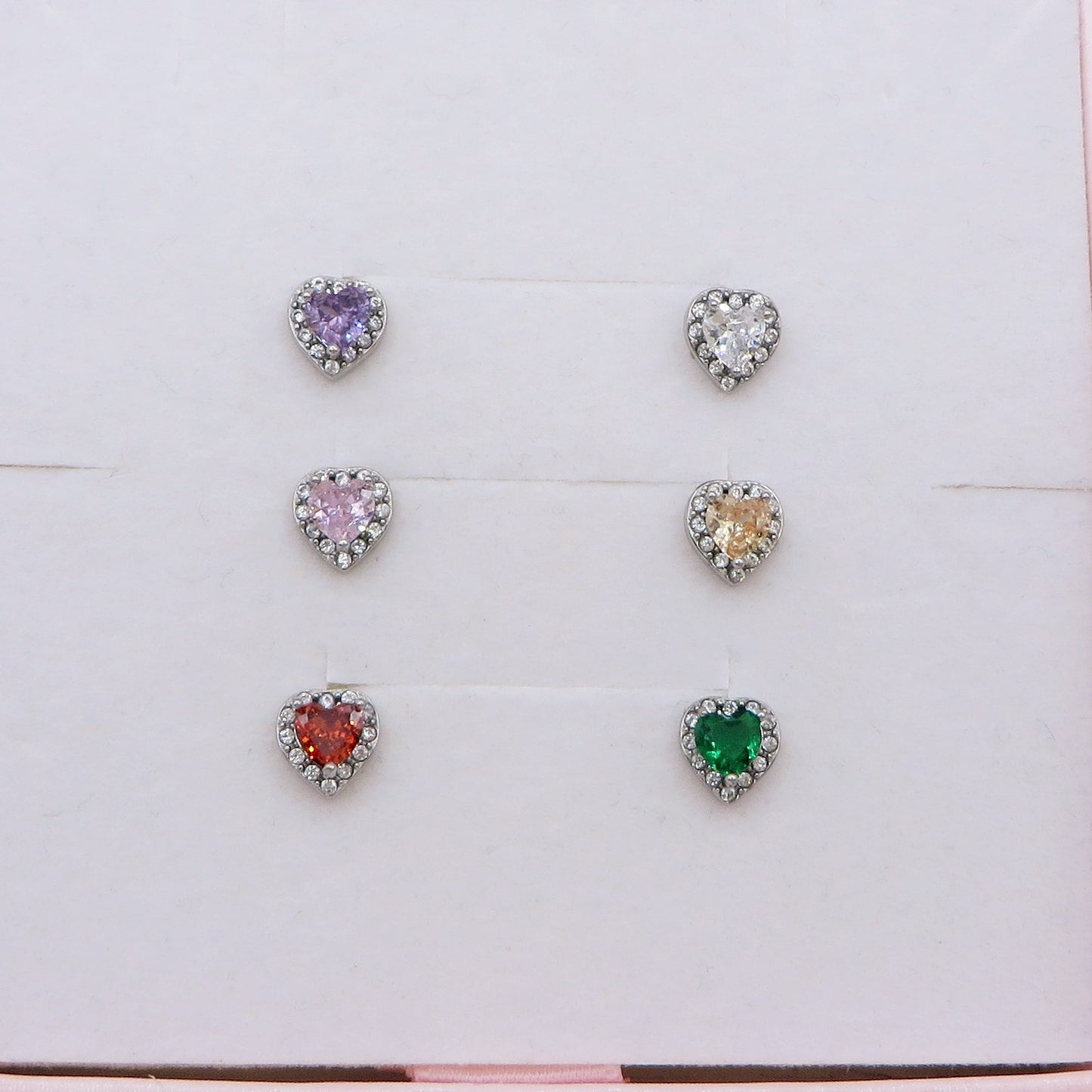 GEMMA SET 6 ORECCHINI Lobo acciaio inossidabile ~ 6 PZ ~  Orecchini a lobo con zirconi a forma cuore