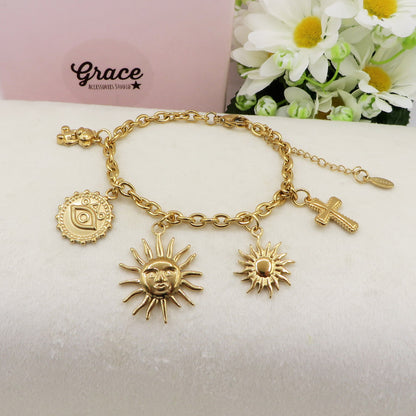 YOU'RE MY SUN - Bracciale con sole. orsetti, croci  pendenti charms ACCIAIO INOSSIDABILE