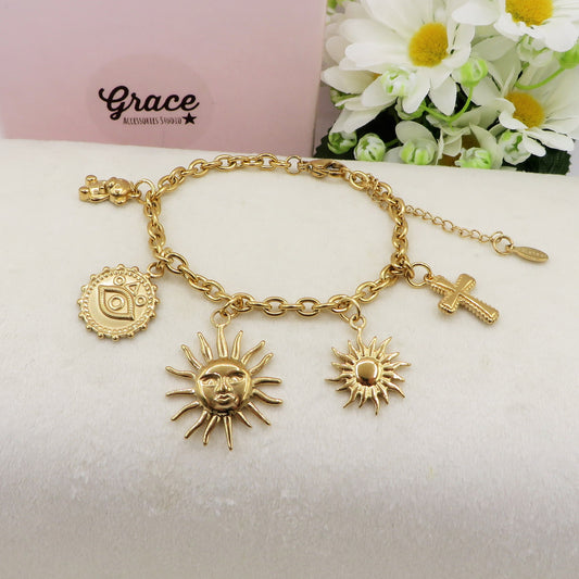 YOU'RE MY SUN - Bracciale con sole. orsetti, croci  pendenti charms ACCIAIO INOSSIDABILE
