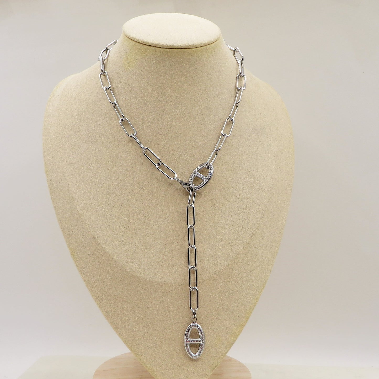 ANDROMEDA - ACCIAIO INOSSIDABILE- Collana cravattina in catena paper clip con cubic zirconia