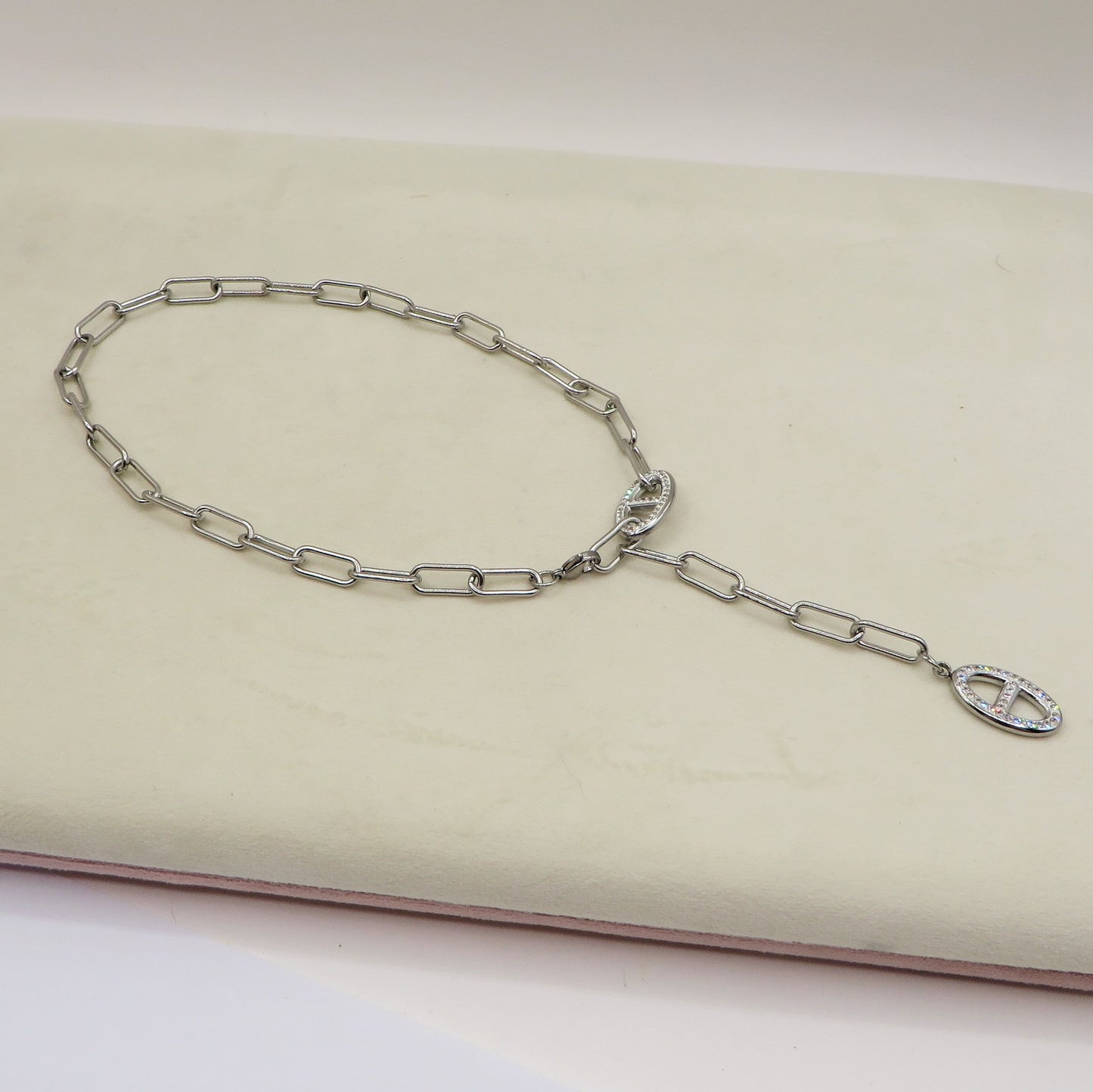 ANDROMEDA - ACCIAIO INOSSIDABILE- Collana cravattina in catena paper clip con cubic zirconia