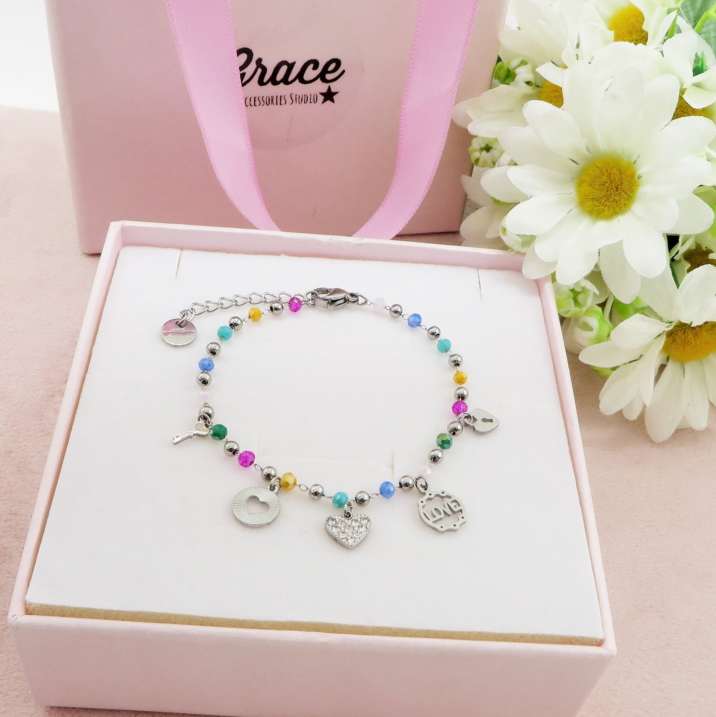 SOPHIE Bracciale ~ ACCIAIO INOSSIDABILE ~ Bracciale con charms e cristalli