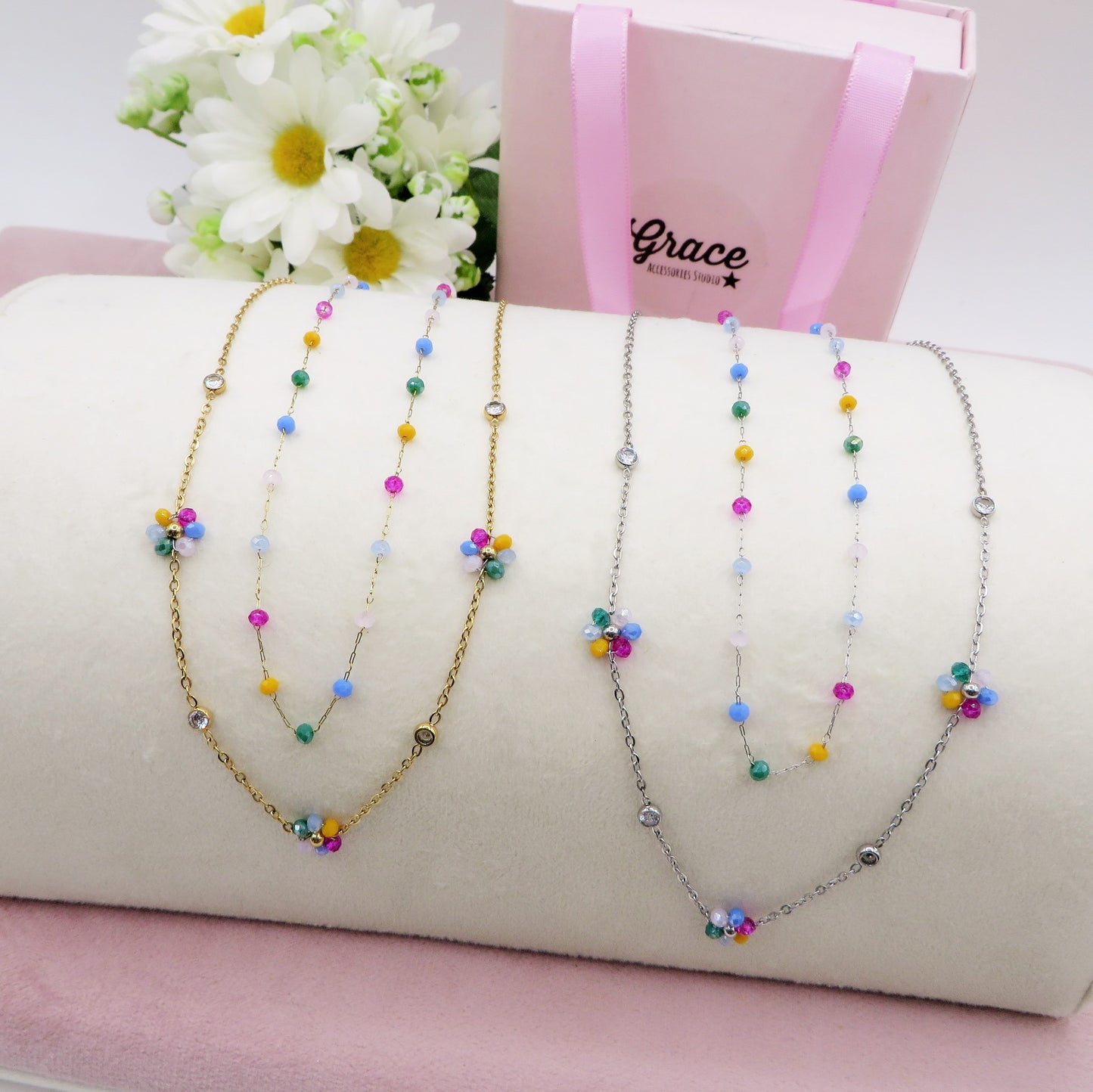 DAISY  double ~ ACCIAIO INOSSIDABILE ~ Collana doppia 2 in 1 con fiori e cristalli