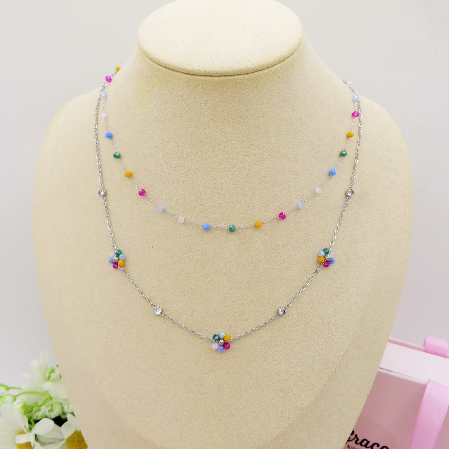 DAISY  double ~ ACCIAIO INOSSIDABILE ~ Collana doppia 2 in 1 con fiori e cristalli