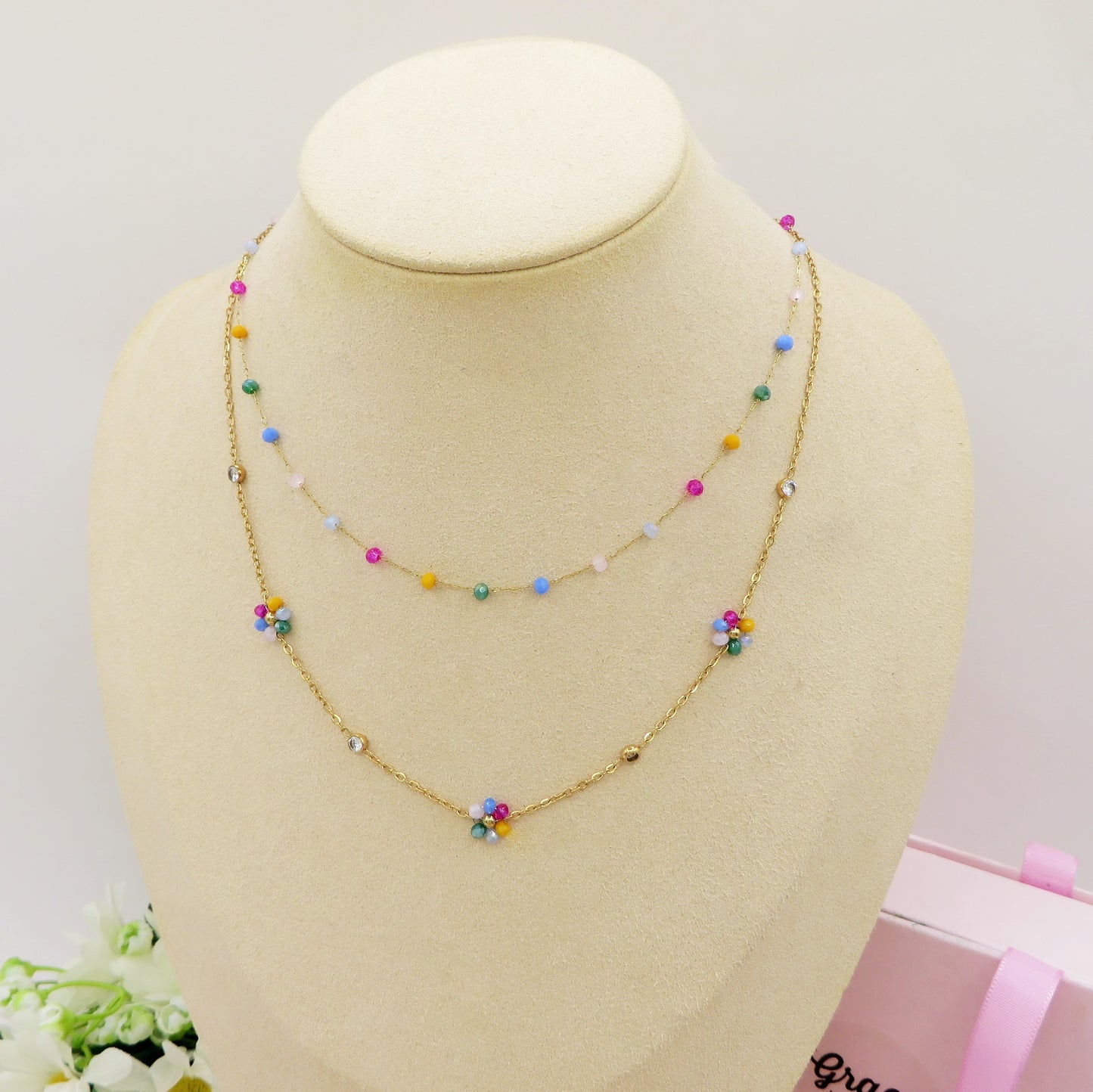 DAISY  double ~ ACCIAIO INOSSIDABILE ~ Collana doppia 2 in 1 con fiori e cristalli