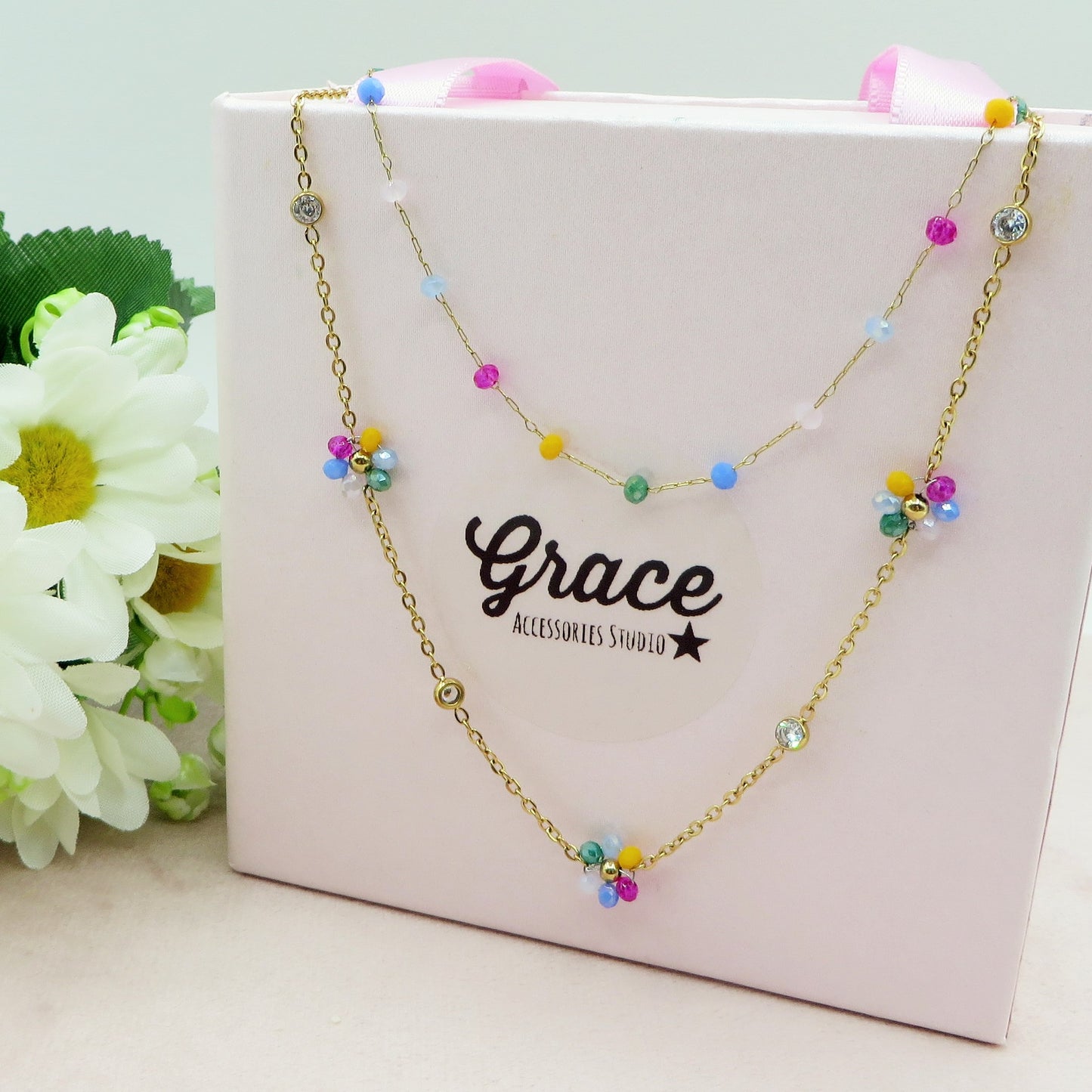 DAISY  double ~ ACCIAIO INOSSIDABILE ~ Collana doppia 2 in 1 con fiori e cristalli
