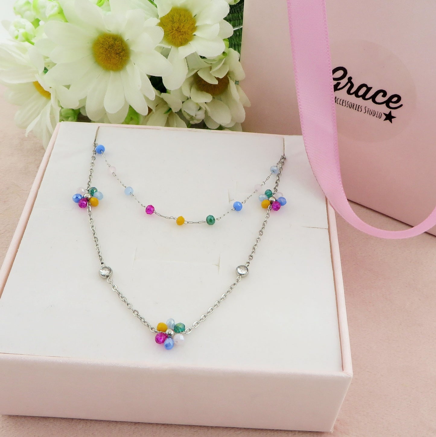 DAISY  double ~ ACCIAIO INOSSIDABILE ~ Collana doppia 2 in 1 con fiori e cristalli