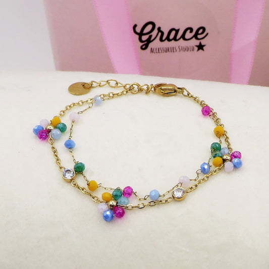 DAISY  Double ~ ACCIAIO INOSSIDABILE ~ Bracciale DOPPIO con fiori e cristalli
