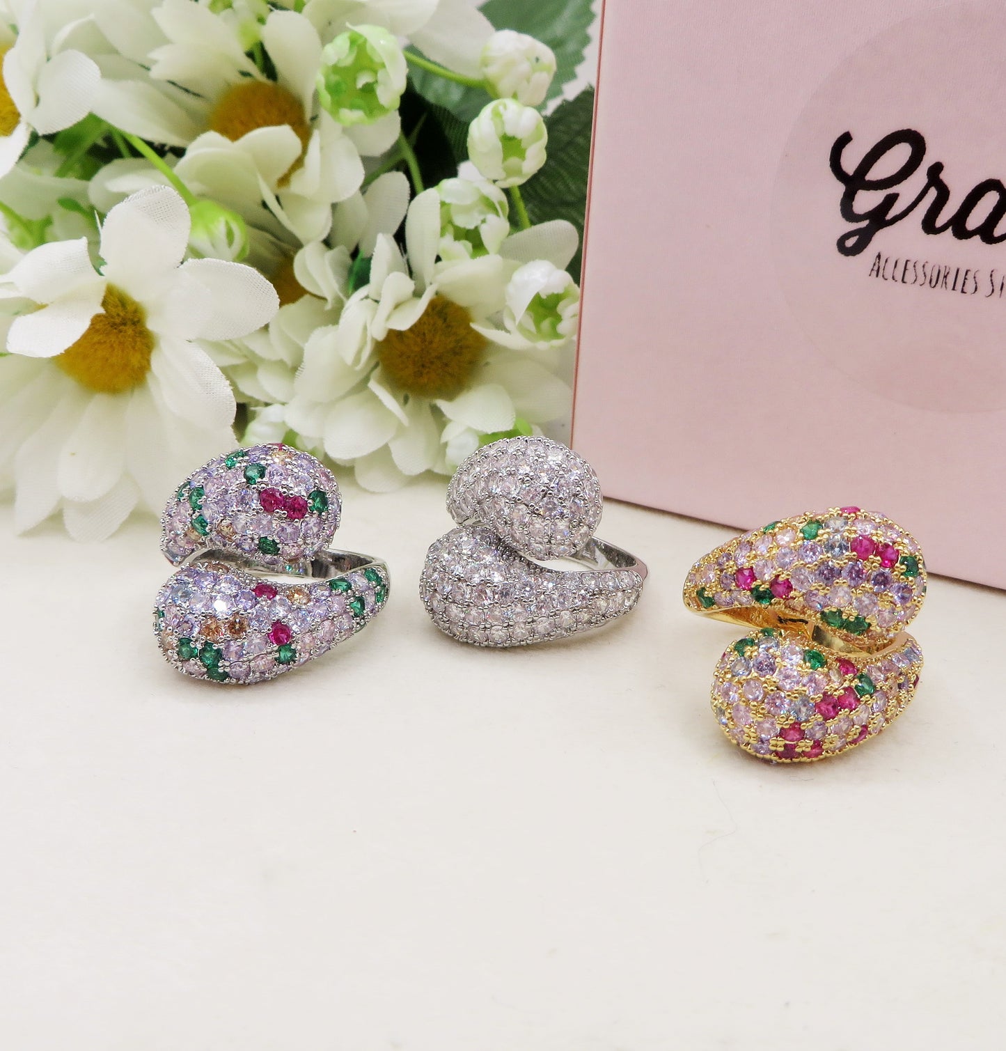 DROP SHINE - Cocktail ring regolabile con cubic zirconia