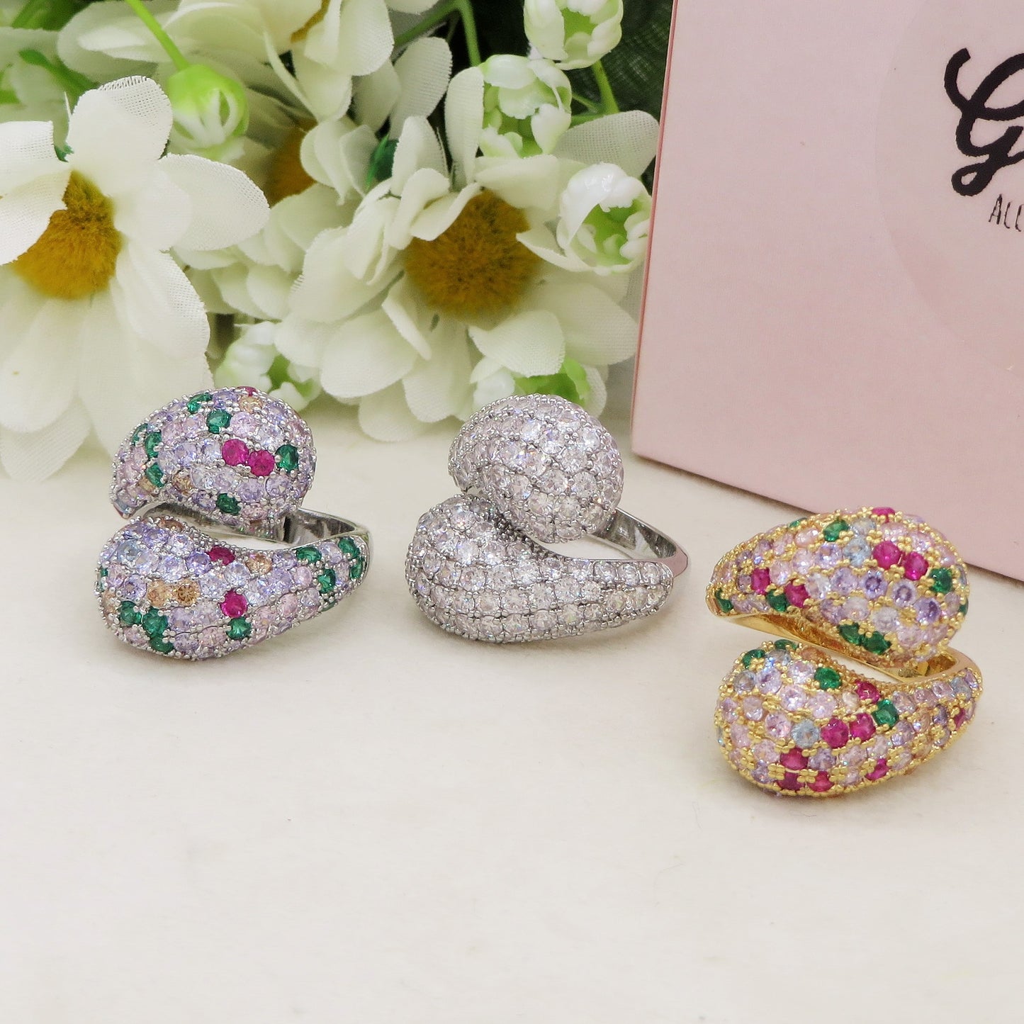 DROP SHINE - Cocktail ring regolabile con cubic zirconia