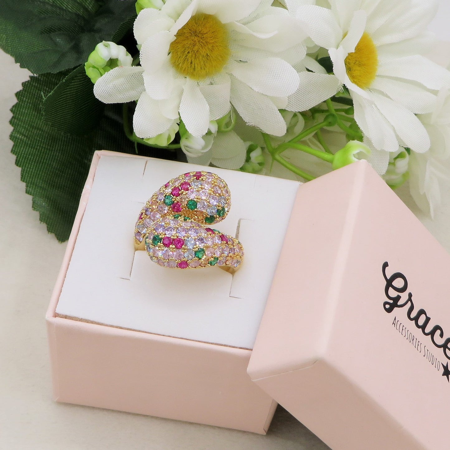 DROP SHINE - Cocktail ring regolabile con cubic zirconia