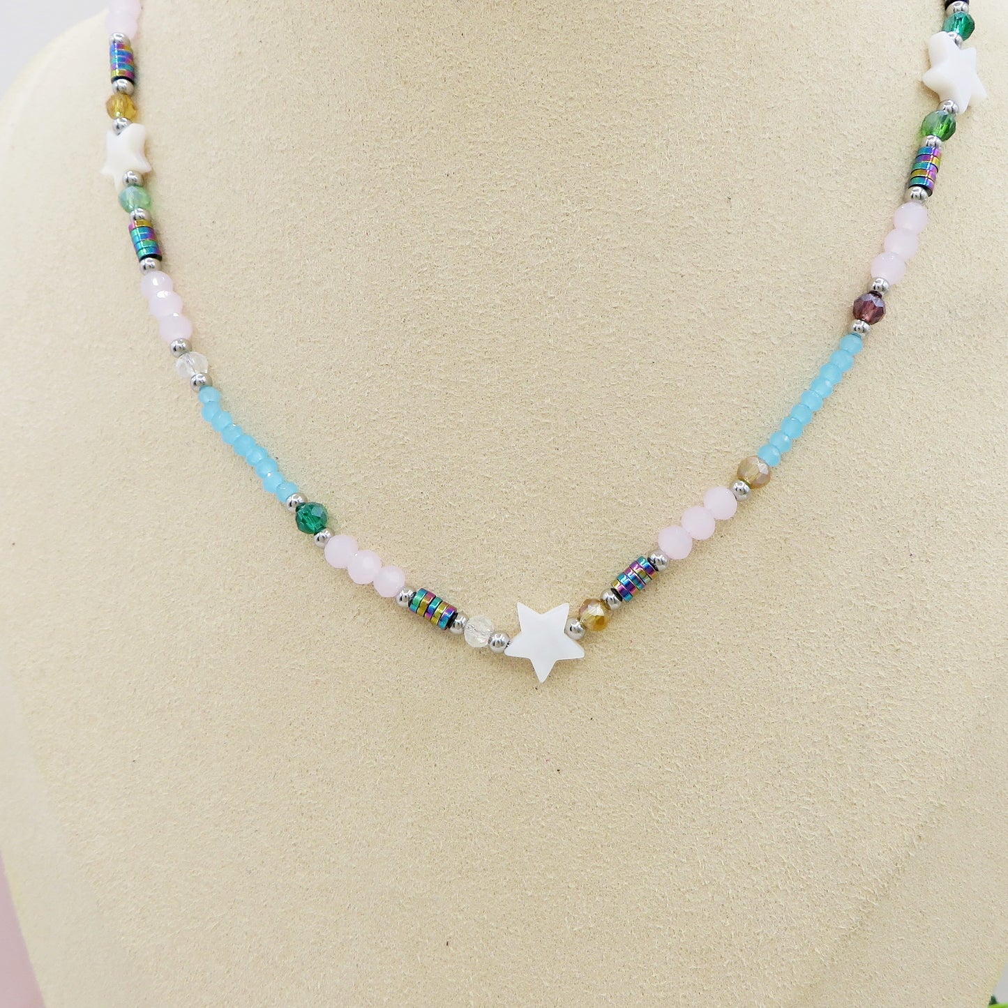 NOA STAR - Collana perline Madreperla naturale cristallo e ACCIAIO inossidabile colori brillanti