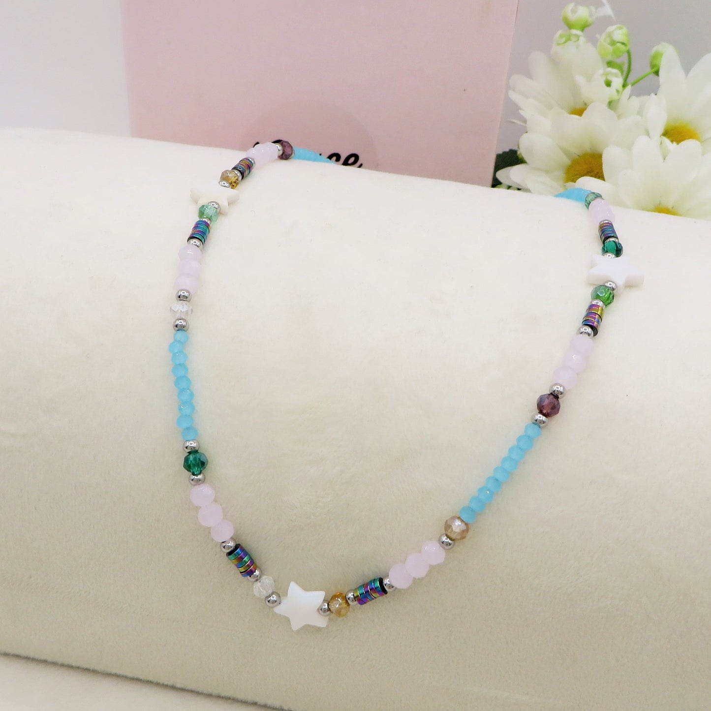NOA STAR - Collana perline Madreperla naturale cristallo e ACCIAIO inossidabile colori brillanti