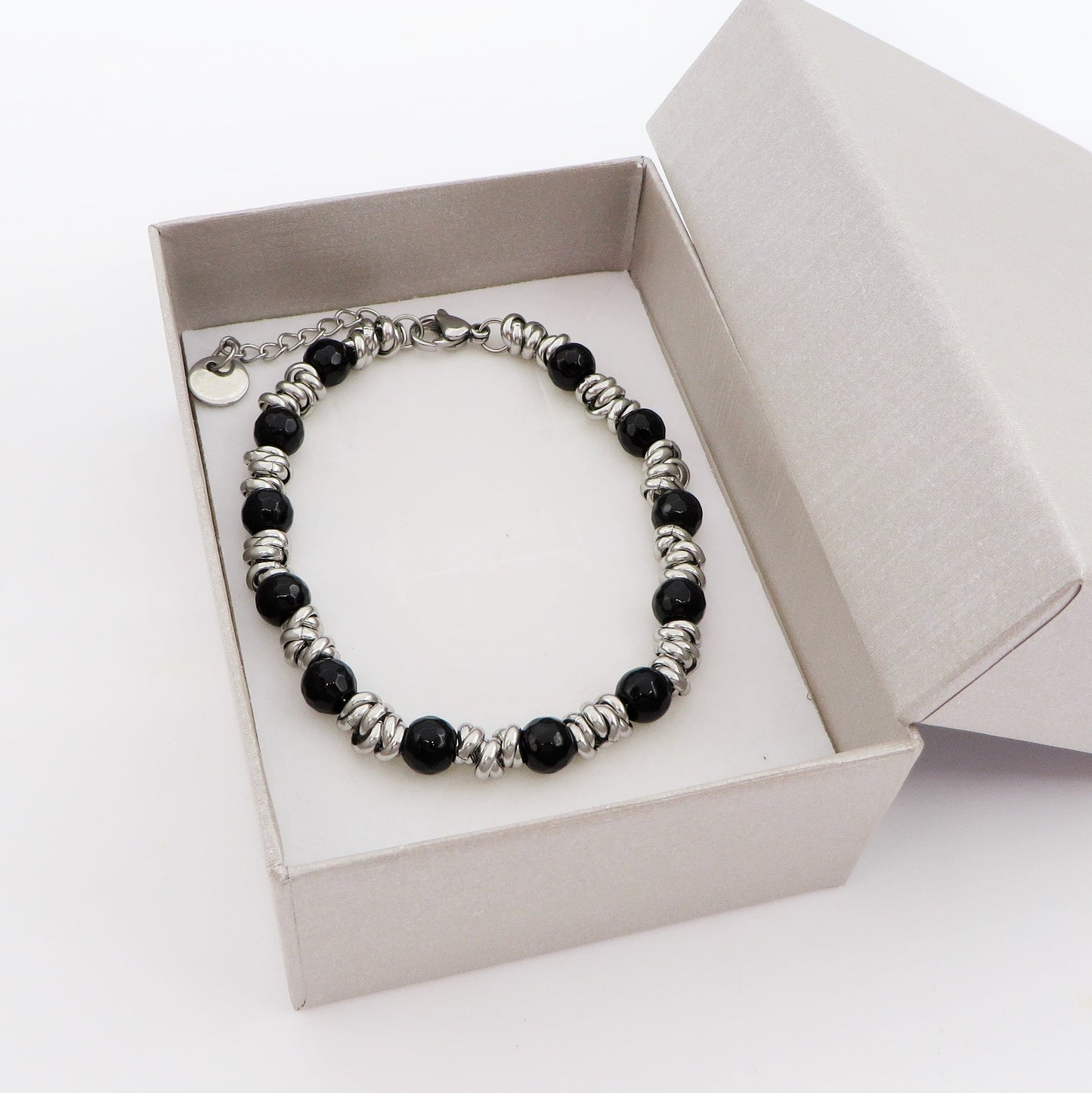 Bracciale uomo catena NODINI ACCIAIO INOSSIDABILE + perle black