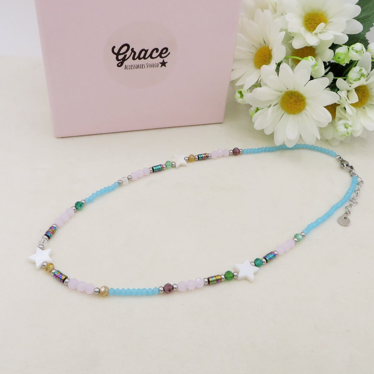 NOA STAR - Collana perline Madreperla naturale cristallo e ACCIAIO inossidabile colori brillanti