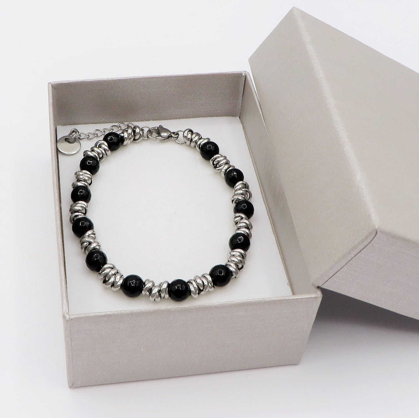Bracciale uomo catena NODINI ACCIAIO INOSSIDABILE + perle black