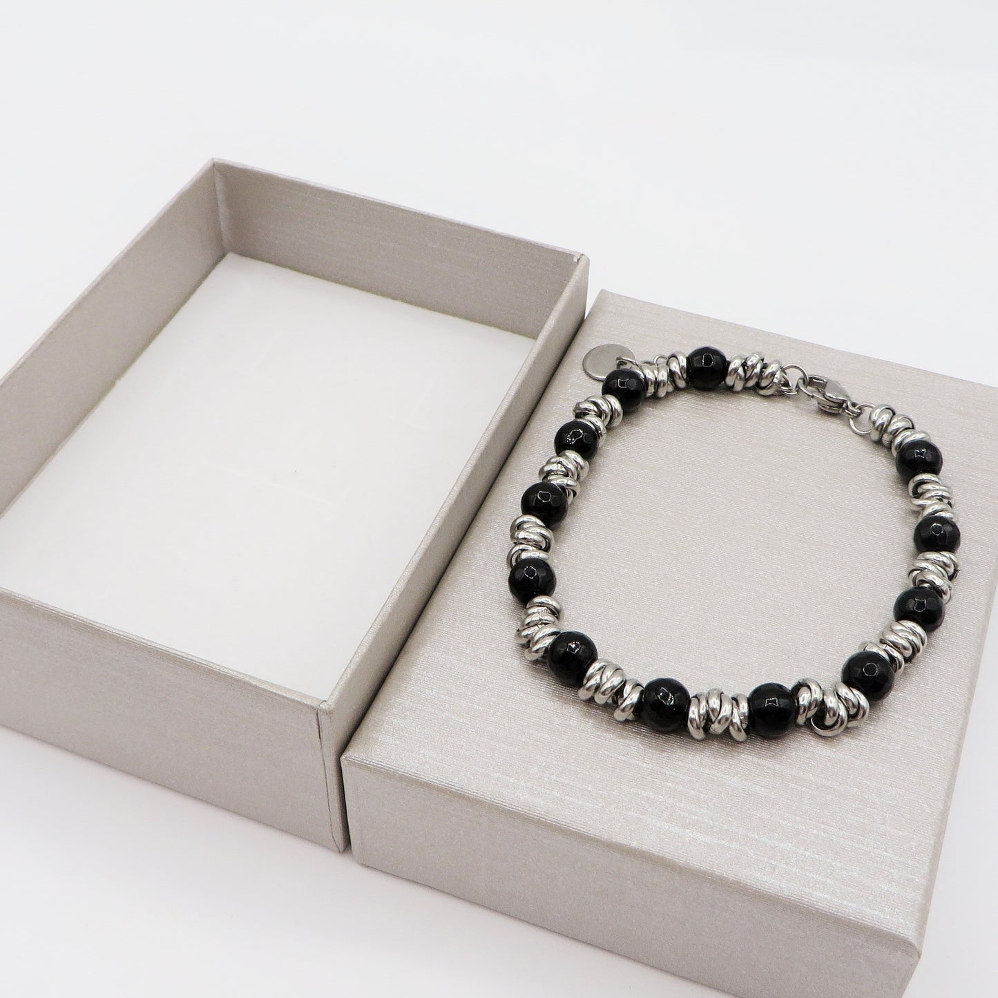 Bracciale uomo catena NODINI ACCIAIO INOSSIDABILE + perle black