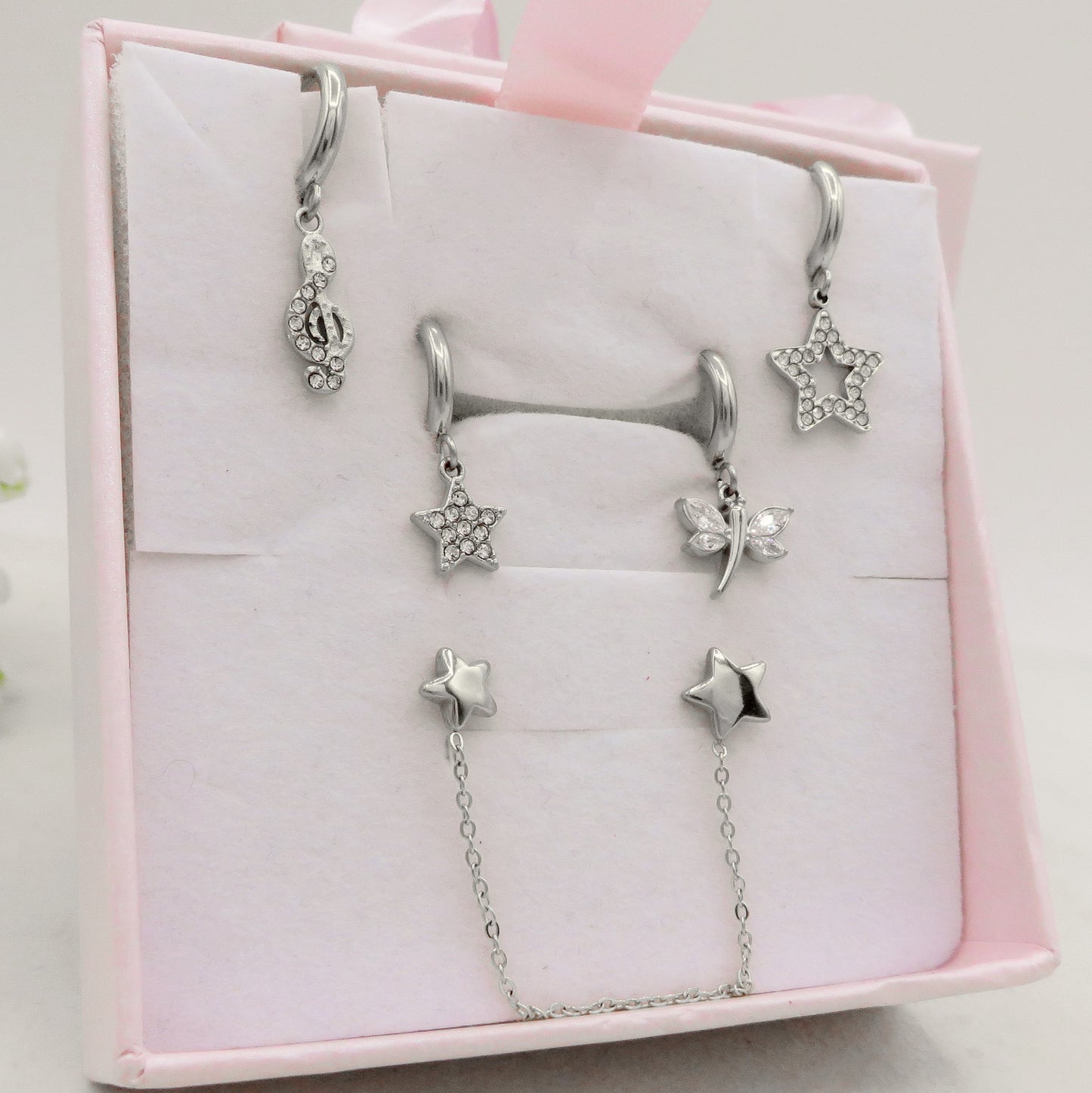 STARS Set 6 orecchini - ACCIAIO INOSSIDABILE - 6 Orecchini pendenti stelline zirconate con cubic zirconia