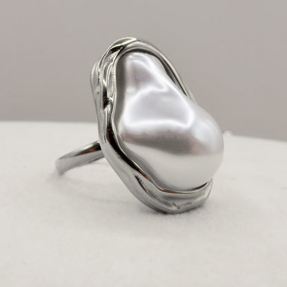 IRIS BAROQUE PEARL - Anello regolabile in ACCIAIO inossidabile con perla maxi barocca
