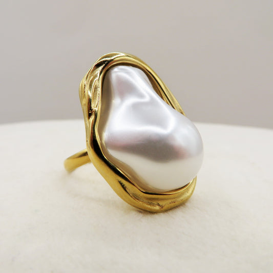 IRIS BAROQUE PEARL - Anello regolabile in ACCIAIO inossidabile con perla maxi barocca