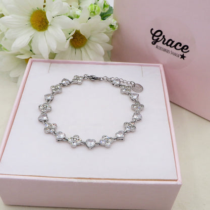 CASSIA HEARTS ~ACCIAIO INOSSIDABILE - bracciale tennis quadrifogli  e CUORI con cubic zirconia