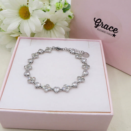 CASSIA HEARTS ~ACCIAIO INOSSIDABILE - bracciale tennis quadrifogli  e CUORI con cubic zirconia