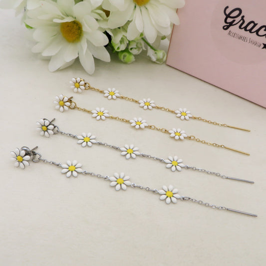 DAISY FAIRY ~ paio Orecchini ACCIAIO INOSSIDABILE pendenti con margherite stile saliscendi