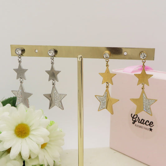 STARS pendenti ~ Orecchini  pendenti con stelle e  cubic zirconia in acciaio inossidabile