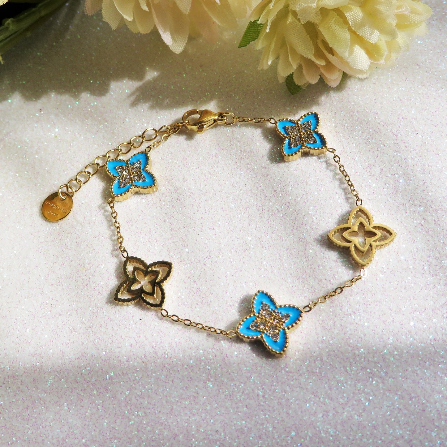 LILY SHINE ~ Bracciale flowers in ACCIAIO inossidabile smaltato + cubic zirconia