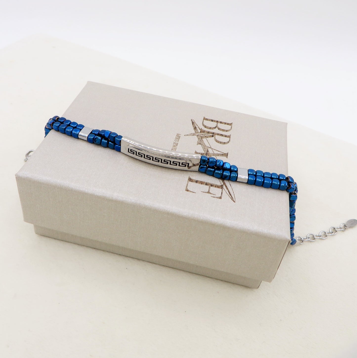 ARES Bracciale uomo  Targhetta con greche e cubetti in ematite BLU  -  ACCIAIO INOSSIDABILE