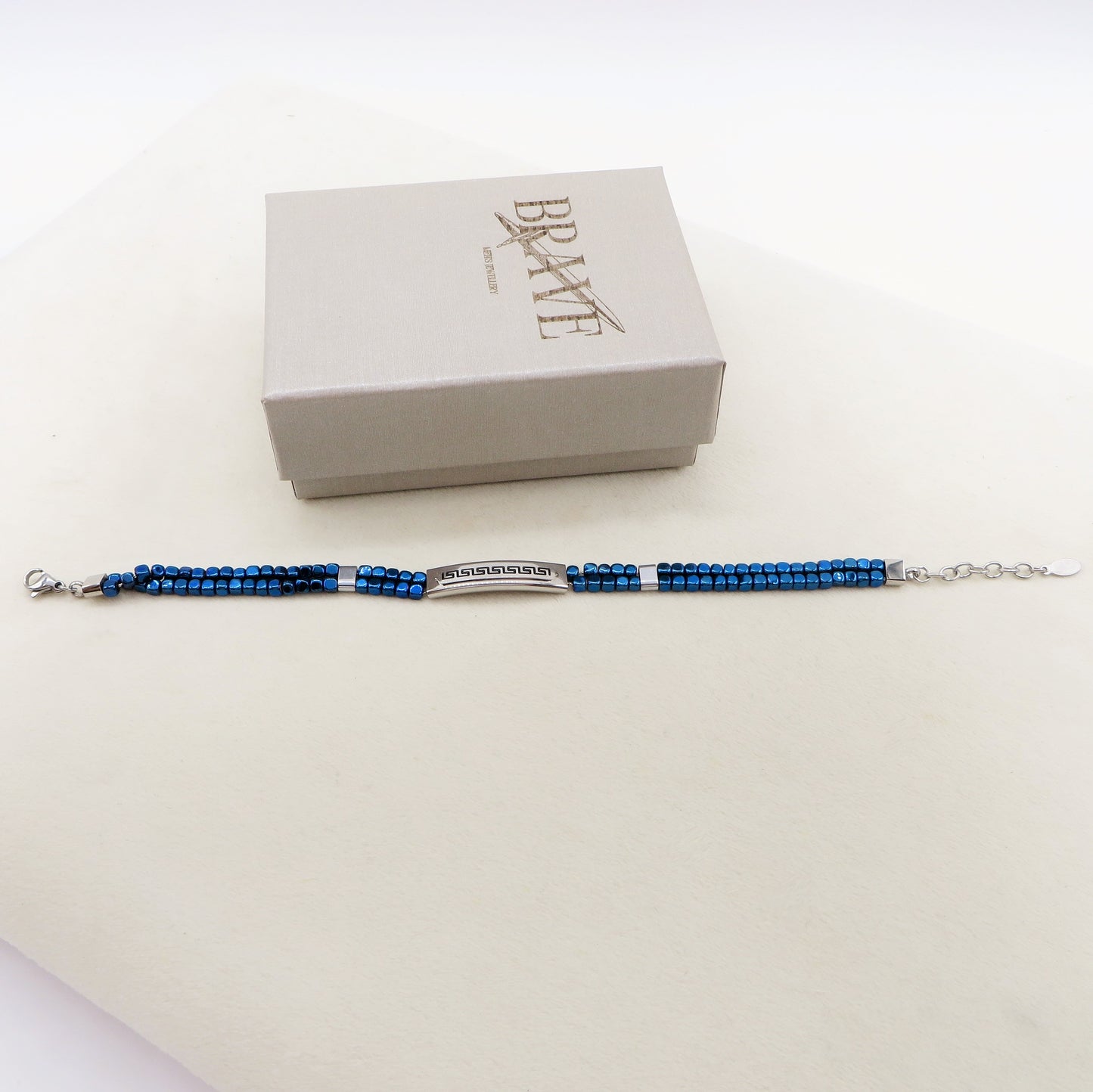 ARES Bracciale uomo  Targhetta con greche e cubetti in ematite BLU  -  ACCIAIO INOSSIDABILE