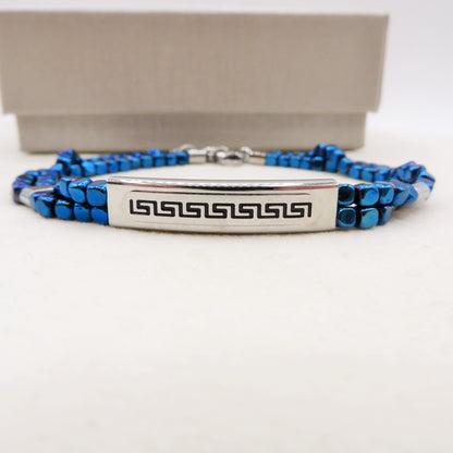 ARES Bracciale uomo  Targhetta con greche e cubetti in ematite BLU  -  ACCIAIO INOSSIDABILE