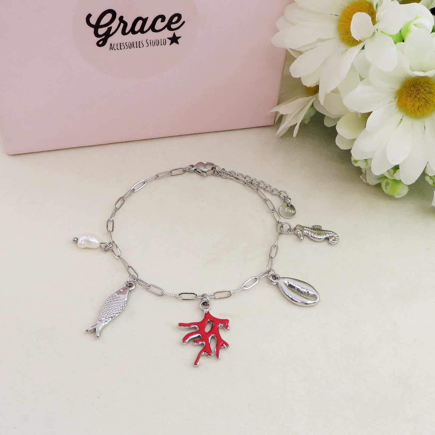CORALINE- ACCIAIO inossidabile - Bracciale catena charms coralli e charms marini