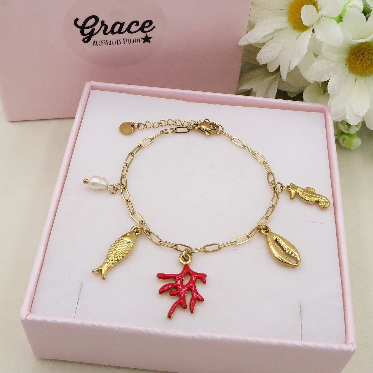CORALINE- ACCIAIO inossidabile - Bracciale catena charms coralli e charms marini