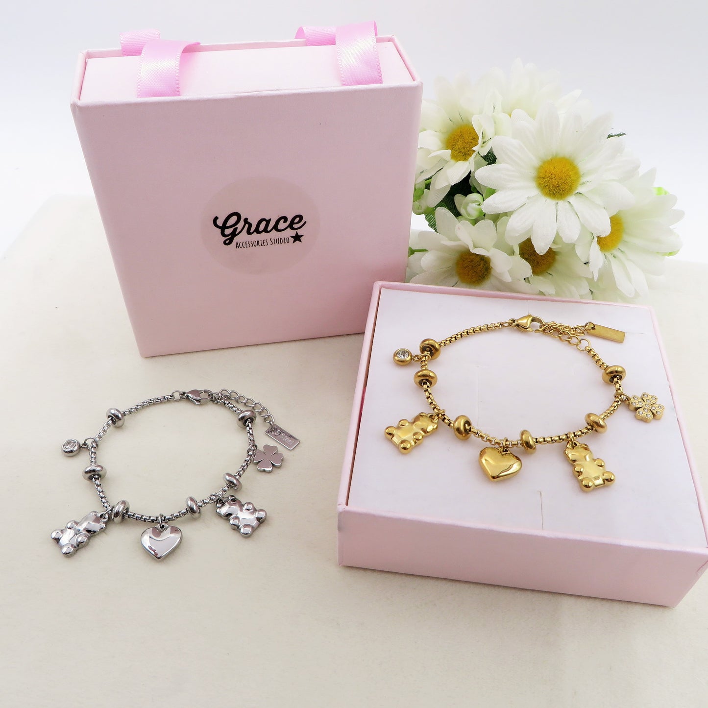 TEDDY CLOVER - Bracciale con orsetti, quadrifoglio e cuori pendenti bombe' ACCIAIO INOSSIDABILE