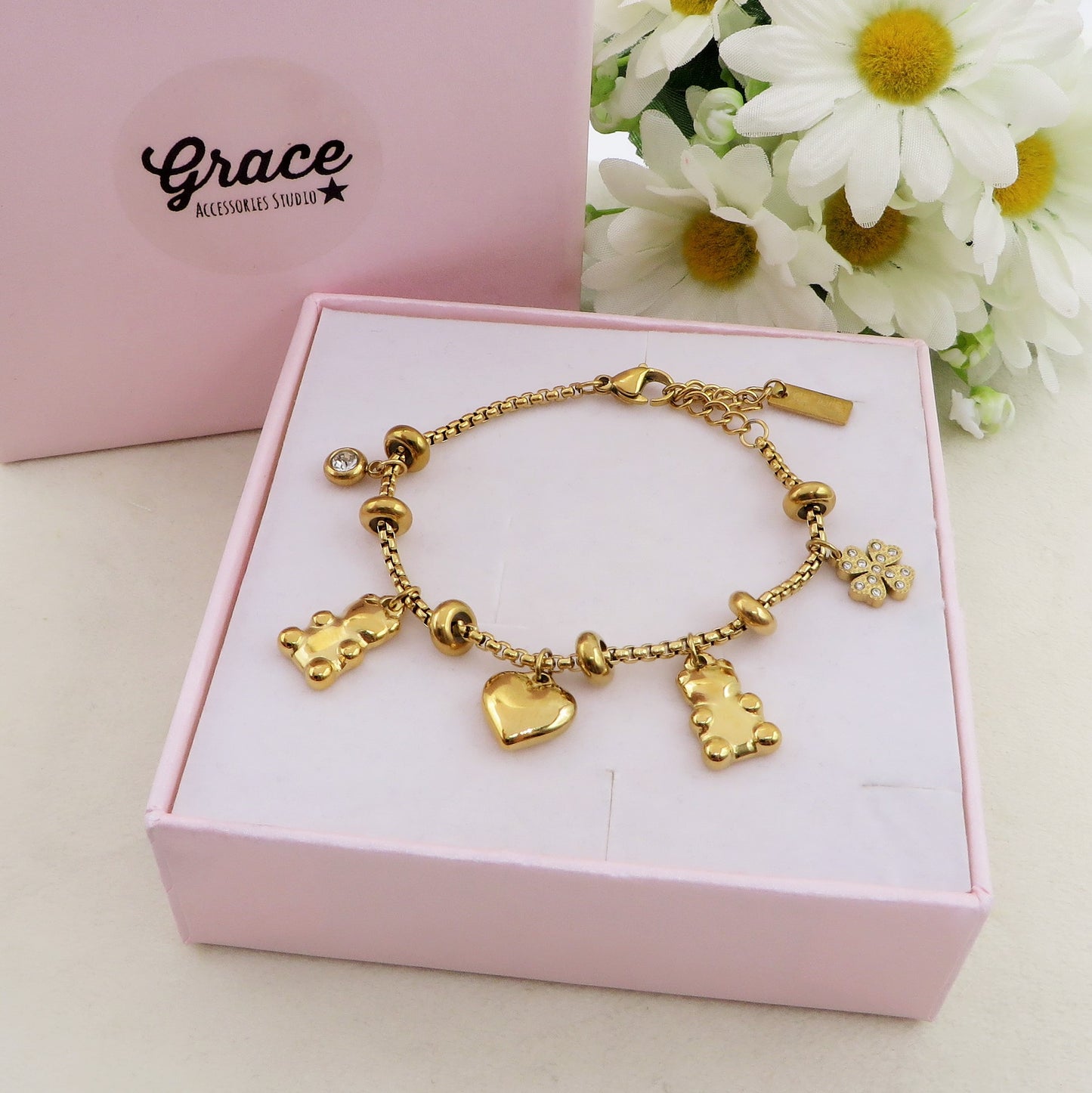TEDDY CLOVER - Bracciale con orsetti, quadrifoglio e cuori pendenti bombe' ACCIAIO INOSSIDABILE